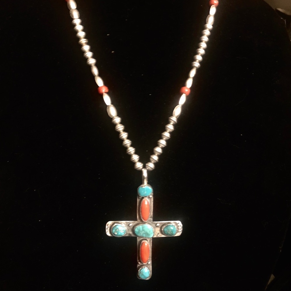 Navajo turquoise & coral cross on beads